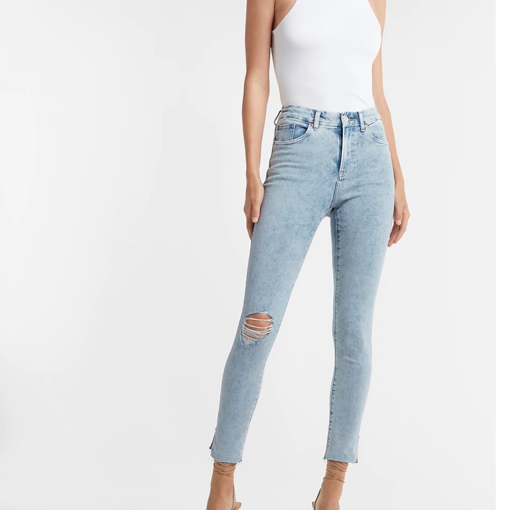 Express High Waisted FlexX Marbled Ripped Raw Hem Skinny Jeans